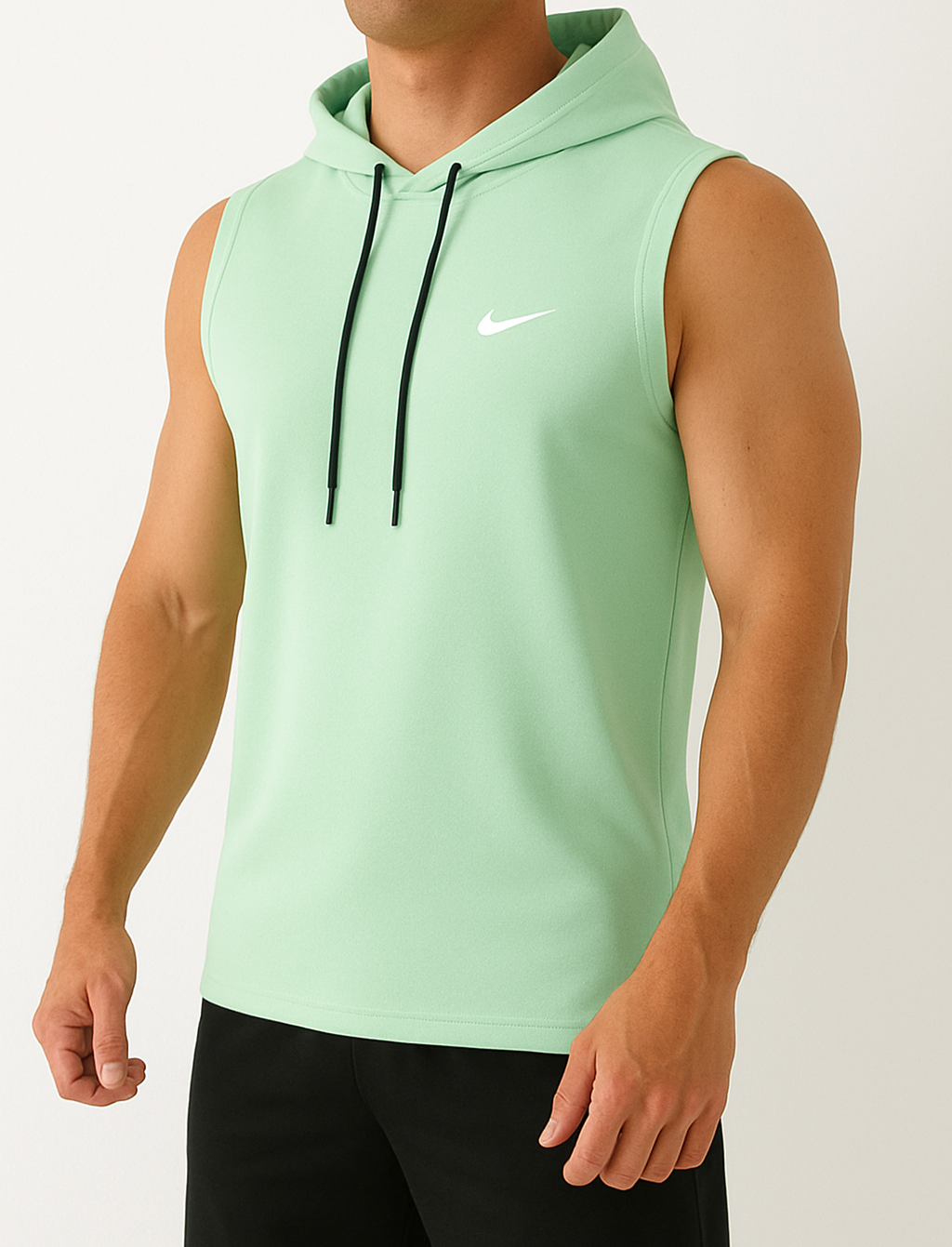 Person wearing a light green sleeveless hoodie with a Nike logo on a white background