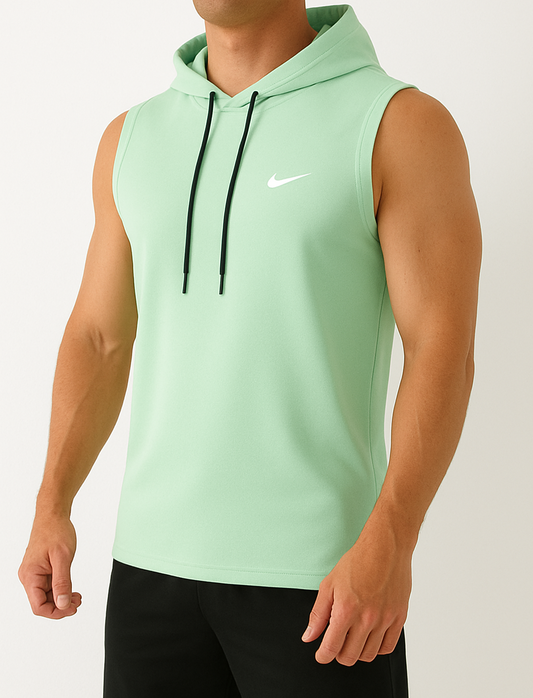 Person wearing a light green sleeveless hoodie with a Nike logo on a white background