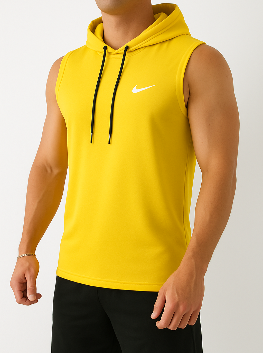 Person wearing a yellow sleeveless hoodie with a Nike logo on a white background